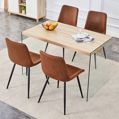 NicBex 5 Piece Dining Table Set,Wood Texture MDF Dining Table with Tempered Glass Legs,4 Suede/Mid-Back Chairs for Kitchen/Apartment,Brown