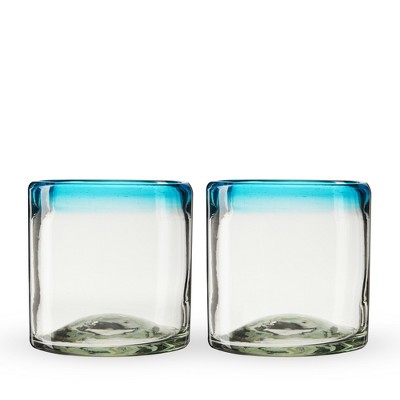 Blue Rimmed Hand Blown Recycled Glass Tumblers, 12oz, Set of 2