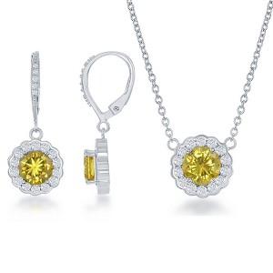 Bella Silver Sterling Silver November Birthstone w/ CZ Border Round Earrings and Necklace Set - Yellow - 16+2 Inch - 1 of 3