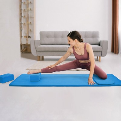 Extra Thick Blue High Density Foam Yoga Mat Set with Knee Pad and Blocks