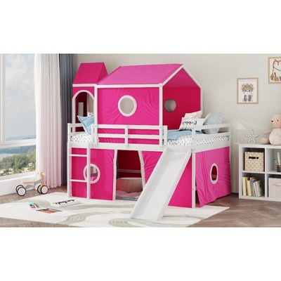 NicBex Full Size Bunk Bed with Safety Guardrail and Slide,Twin Loft Bed with Ladder and Pink Tent and Tower,Noise Reduced Bunk Bed for Bedroom