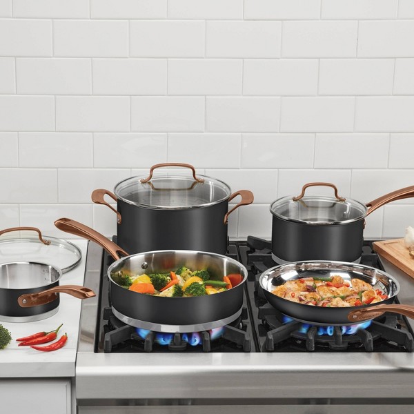 Juego de utensilios de cocina Cuisinart 8 piezas Classic Matte acero inoxidable, mangos negro rubor bronce: apto para lavavajillas, tapas de vidrio templado 3