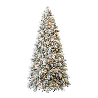 Home Heritage 9 Foot Snowdrift Snow Flocked Quick Set Pine Prelit Artificial Christmas Tree w/ Clear White Lights, Pinecones, Berries, and Metal Stand