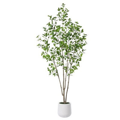 DR.Planzen 5-7FT Artificial Ficus Tree with Small Leaves in White Pot - Pre Potted Faux Tree for Indoor Home Decor