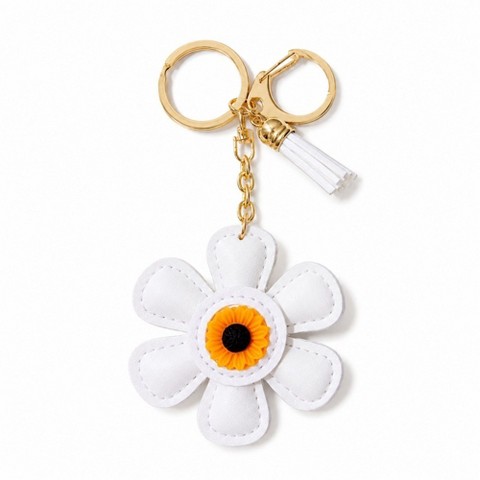 Alilang Women's Faux Leather Sunflower Bag Charm Keychain Beige Floral Purse Accessory with Tassel - White