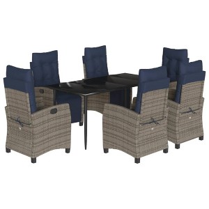 vidaXL 7-Piece Gray Poly Rattan Patio Dining Set with Adjustable Chairs, Tempered Glass Tabletop, and Navy Cushions for Garden/Outdoor Use - 1 of 4