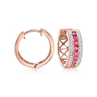 Ross-Simons 0.60 ct. t.w. Pink Sapphire and .20 ct. t.w. White Zircon Hoop Earrings in 18kt Rose Gold Over Sterling
