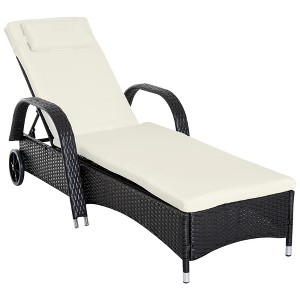 Resenkos Wicker Outdoor Chaise Lounge, 5-Level Adjustable Backrest PE Rattan, With Wheels, Cushion & Headrest, Dark Coffee, Cream White - 1 of 4