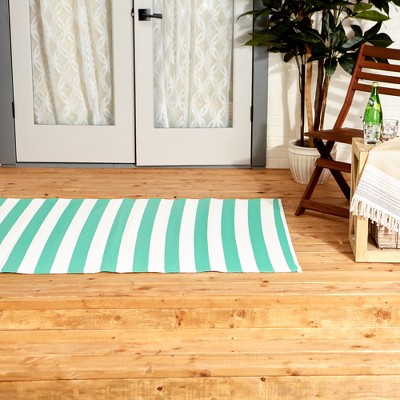 Reversible Aqua & White Striped Synthetic Outdoor Rug 4' x 6'