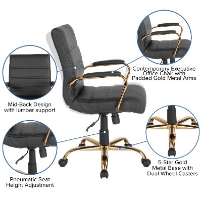 Mid-Back Black LeatherSoft Executive Swivel Office Chair with Gold Frame