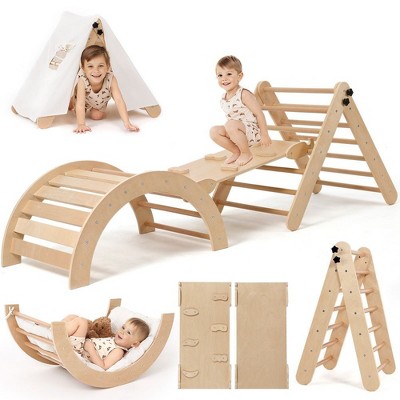 GOTGELIF 3-in-1 Versatile Montessori Climbing Set Wooden Padded Toddlers Play Gym with Sliding and Climbing Ramp