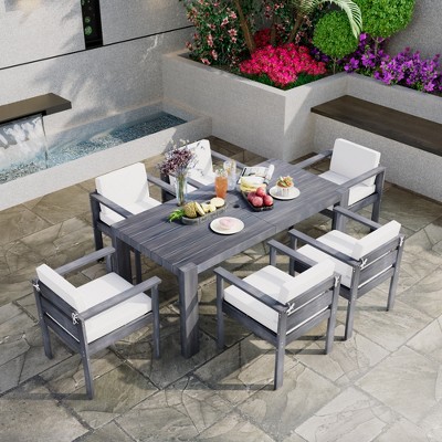 Whisen 7-Piece Outdoor Dining Set for 6 with Beige Fabric Cushions & 70.8" Rectangle Table