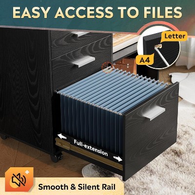 Black 3-Drawer Mobile Wood File Cabinet with Open Shelves