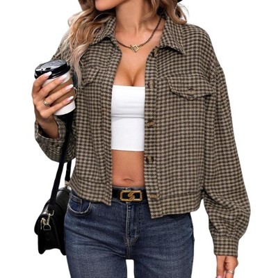 Coolmee Women's Cropped Shacket Jacket Fashion Plaid Button Down Shirt Fall Coat Tops