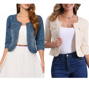 INSPIRE CHIC Women's Collarless Pockets 3/4 Sleeve Crop Denim Jackets 2 Pieces - 1 of 4