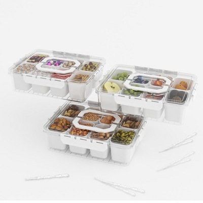 YIGII Divided Serving Tray with Lid and Handles 8 Compartments Snack Box Container Charcuterie Organizer Snackle Box Container for Candy,Nuts,White