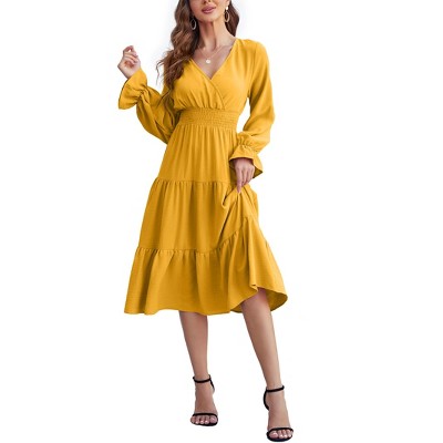 Women's Casual Wrap V Neck Midi Dress Long Sleeve Smocked Waist Tiered A Line Pleated Flowy Long Dress