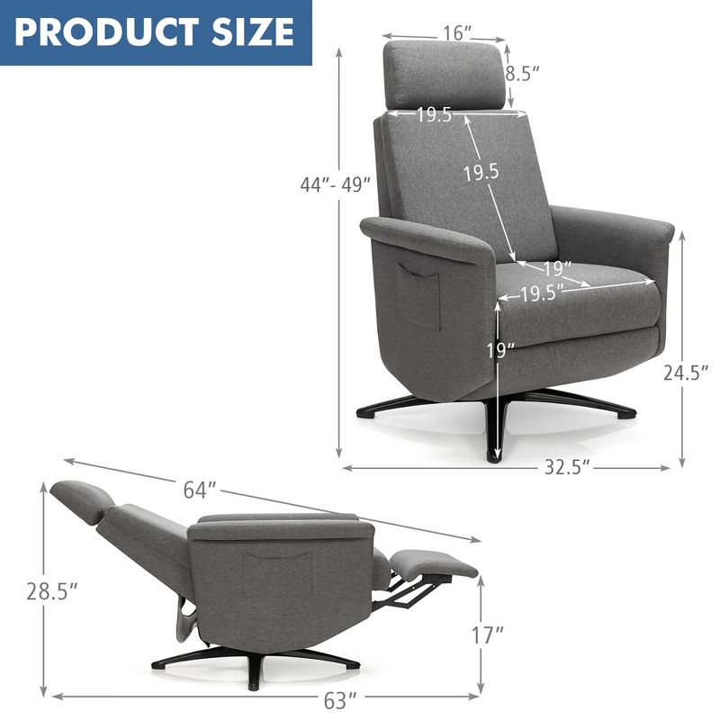 Costway Massage Recliner Chair Vibrating Sofa w/ Remote Control&Adjustable Headrest Grey, 3 of 11