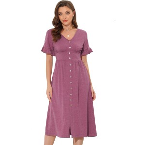 Allegra K Women's Summer V Neck Button Flutter Sleeve Smocked High Waist Midi Dress - 1 of 4