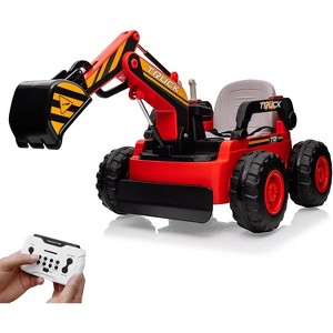 Jojoka 12V Kids Ride On Excavator Digger Truck with Remote, Electric Digging Arm, LED Lights, Music & USB. 4x75W Motors - 1 of 4