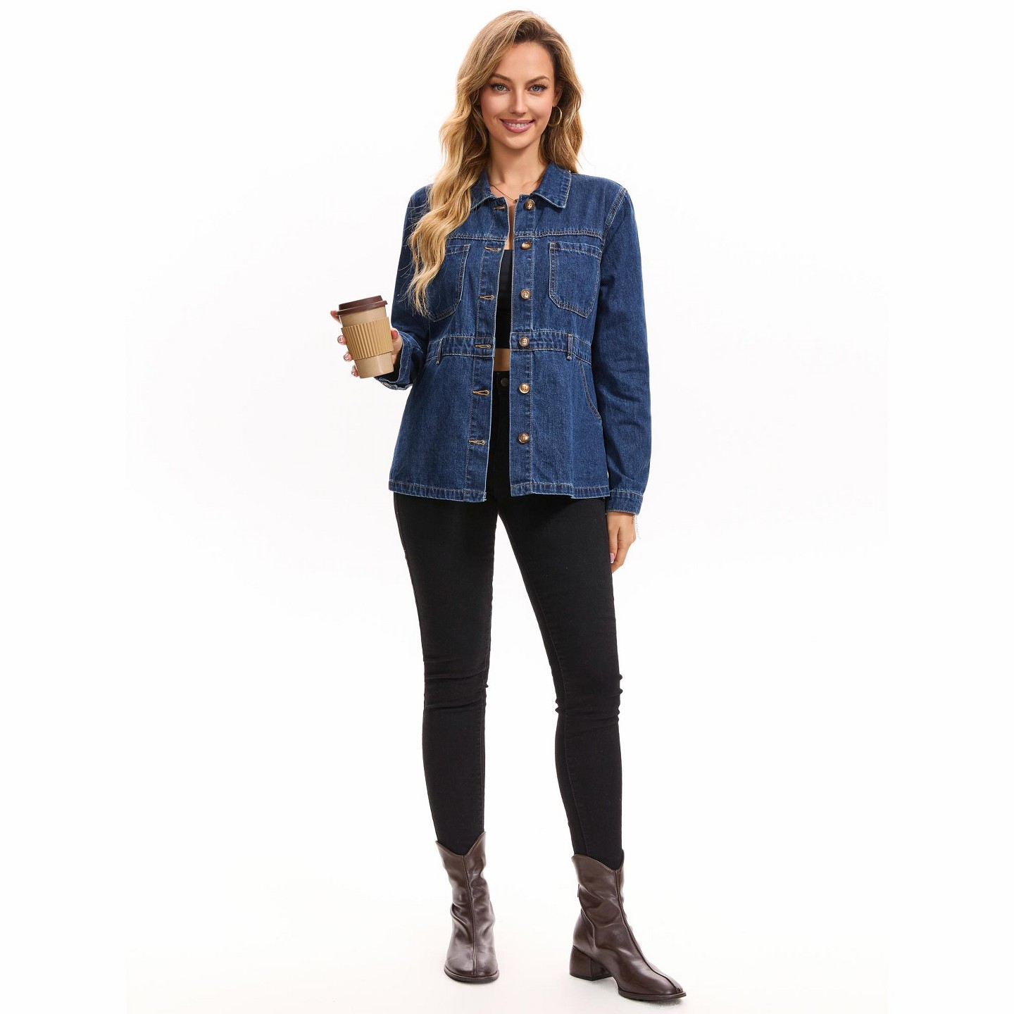 Женская куртка INSPIRE CHIC Denim Distressed Button Down Long Sleeve Jean Jacket Large Dark Blue, цвет: Джинсовый — фото 3