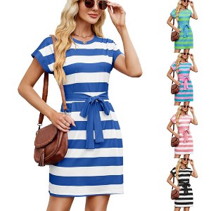 Coolmee Women Casual Striped Crewneck Loose Short Sleeve Tie Waist Wrap Mini Dress Summer Dress - 1 of 4