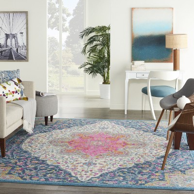 Blue and Pink Floral Synthetic 8' x 10' Reversible Rug