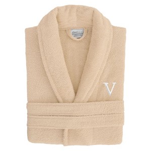 Linum Home Textiles 100% Turkish Cotton Unisex Personalized Terry Bathrobe Beige in White Bookman Font - 1 of 2