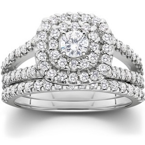 Pompeii3 1 1/10ct Cushion Halo Diamond Engagement Wedding Ring Set 10K White Gold - Size 10 - 1 of 4