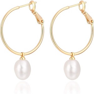 Gold Huggie Hoop Earrings with Pearl Drop Charms - Handmade Karma Circle Jewelry, Lightweight Christmas Gift - 1 of 4