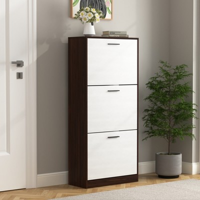 ZHUTA Shoe Storage Cabinet with 3 White Panel Flip Drawers, Freestanding Organizer for Entryway, Narrow Shoe Rack Cabinet