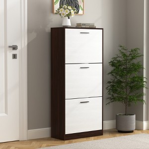 ZHUTA Shoe Storage Cabinet with 3 White Panel Flip Drawers, Freestanding Organizer for Entryway, Narrow Shoe Rack Cabinet - 1 of 4