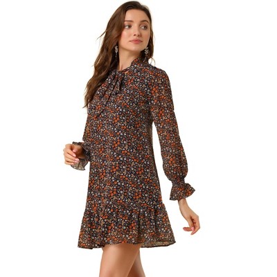 INSPIRE CHIC Women's Floral Dress Loose Chiffon Ruffle Self Tie Neck Shift Dresses
