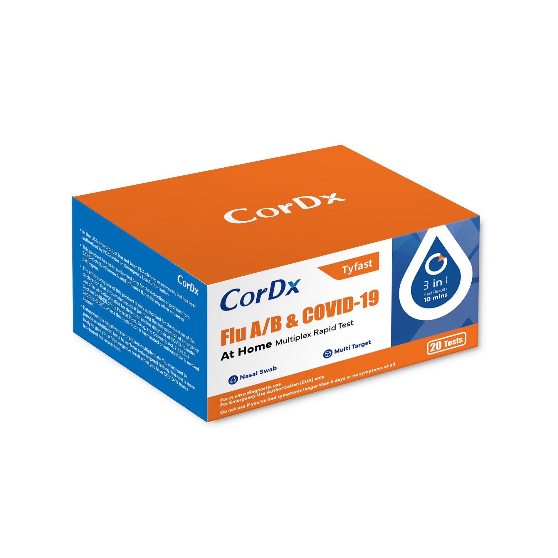 CorDx TyFast Flu A/B & Covid-19 Multiplex Rapid Test, FDA Authorized, 3-in-1 Combo Kit