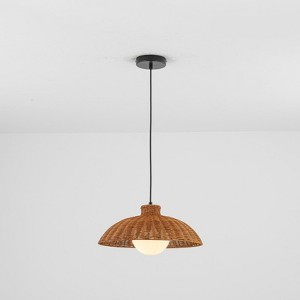Rennnsan Velquor 15" W 1 - Light Woven Ratten Milk Glass Bohemian Dimmable Pendant in Brown - 1 of 4