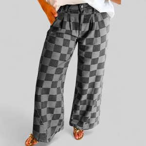 Amaryllis Women’s High Waist Denim Checkered Pants Relaxed Wide Leg Pleated Front Vintage Wash Statement Jeans - 1 of 4