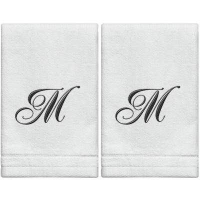 Creative Scents Set of 2 White Fingertip Monogrammed Towels, Black Embroidered