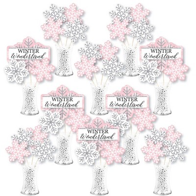 Big Dot of Happiness Pink Winter Wonderland - Holiday Snowflake Birthday Party & Baby Shower Centerpiece Sticks - Showstopper Table Toppers -35 Pieces
