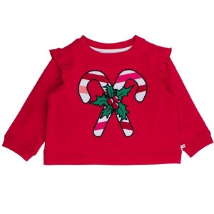 RuffleButts Girls Applique Flutter Sweatshirt - Red Holly Candy Canes, 12-18m - 1 of 2