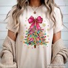 Colorful Glitter Christmas Tree Pink Bow T-Shirt, Pink Bow Coquette Holiday Tee | OrnamentallyYou - 4 of 4
