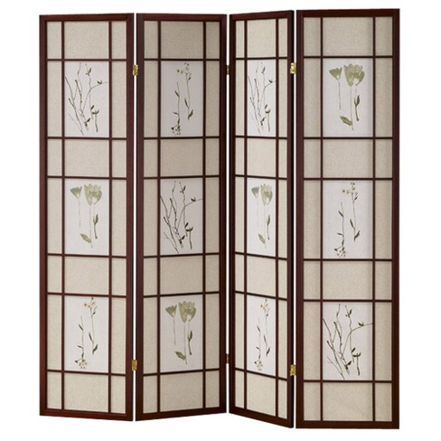 4 Panel Black Floral Accented Screen Room Divider With Wood Frame And Shoji  Paper : Target