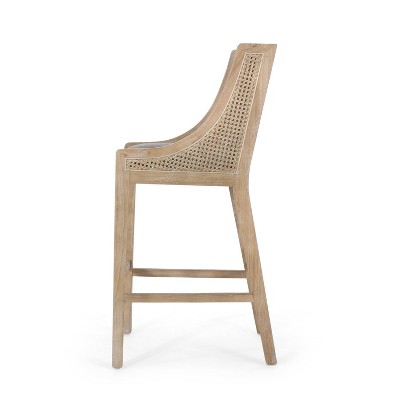 Charcoal and Natural Wood Cane Upholstered Barstools, Set of 2