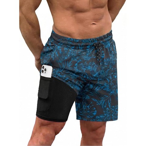 COOFANDY Men Swim Trunk with Compression Liner 2 in 1 Swimwear Bathing Suit Quick Dry Board Short Black Plam Leaf M