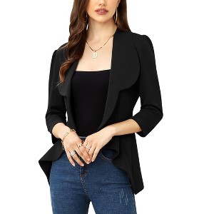 BLUEMING Womens 3/4 Sleeve Cropped Blazer Open Front Cardigan Business Casual Collarless Work Jacket Shrug - 1 of 4