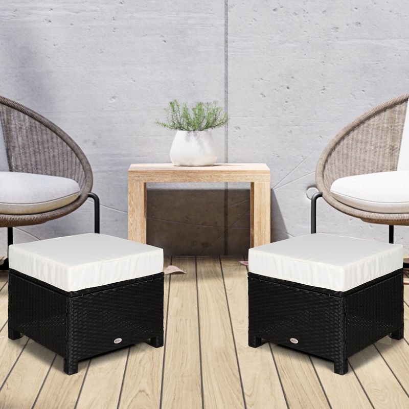 Outsunny 2 Pc 20" Outdoor PE Rattan Wicker Ottoman, Fade-Resistant Patio Footrest with Soft Cushion, Steel Frame, Black, White, 2 of 7