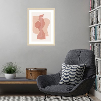 Peach Abstract Geometric Shapes Lithograph with Wood Frame