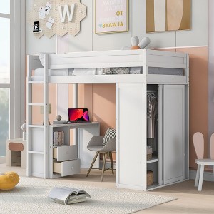 CAVINAS Twin Size Loft Bed with Desk Modern Wood Bed Frame with Drawers, Wardrobe and Guardrail for Bedroom - 1 of 4