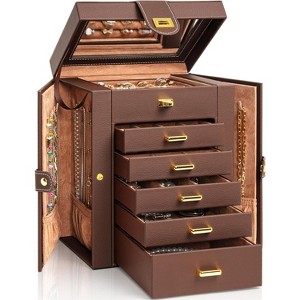 Leather Jewelry Box with Mirror - Multi-Compartment Organizer for Rings & Necklaces, Black - 1 of 4