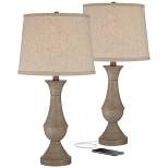 Regency Hill Avery Traditional Table Lamps 25" High Set of 2 Faux Wood with USB Charging Port LED Touch On Off Beige Shades for Living Room Home Desk