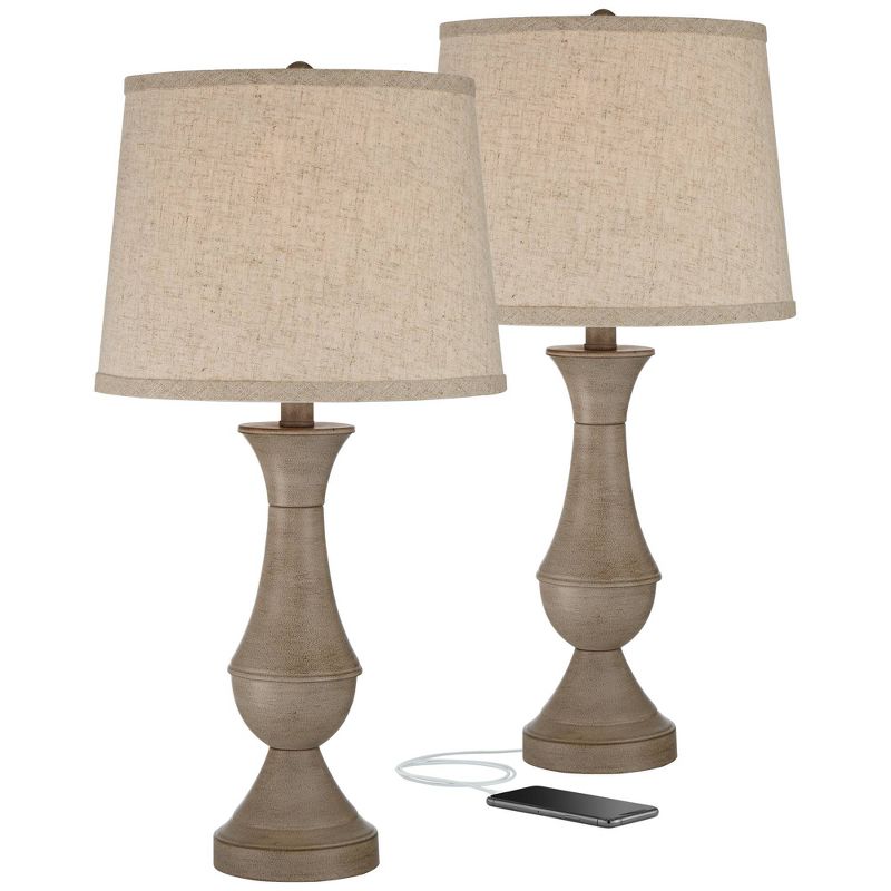 Regency Hill Avery Traditional Table Lamps 25" High Set of 2 Faux Wood with USB Charging Port LED Touch On Off Beige Shades for Living Room Home Desk, 1 of 10
